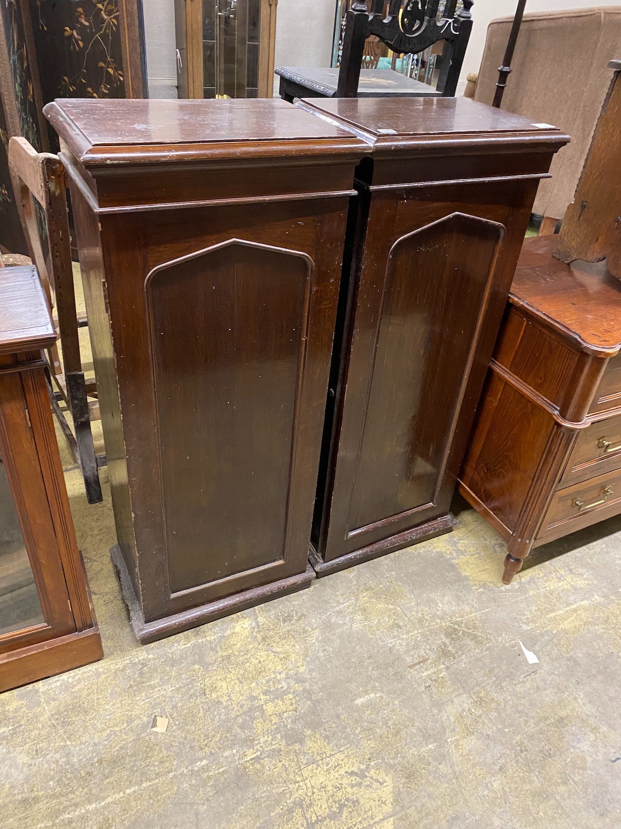 A pair of early 20th century mahogany pedestal cupboards, width 50cm, depth 36cm, height 123cm